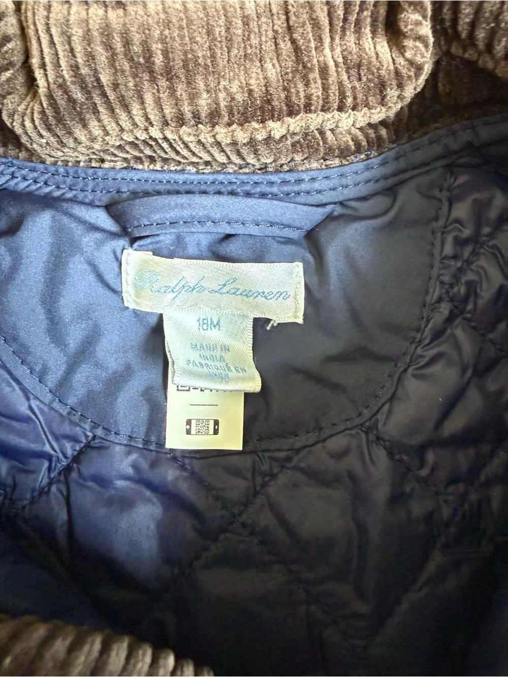 Ralph Lauren Navy Quilted Barn Coat With detachable hood Size 18 Months